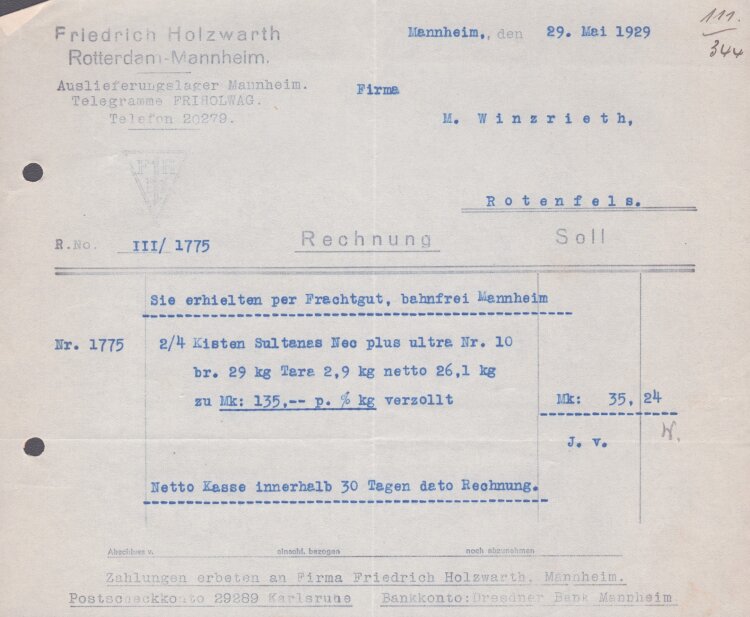 Friedrich Holzwarth - Rechnung - 29.05.1929