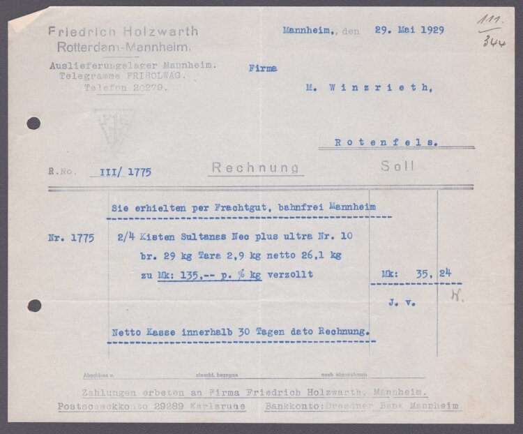 Friedrich Holzwarth - Rechnung - 29.05.1929