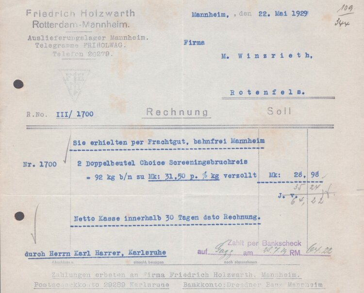 Friedrich Holzwarth - Rechnung - 22.05.1929