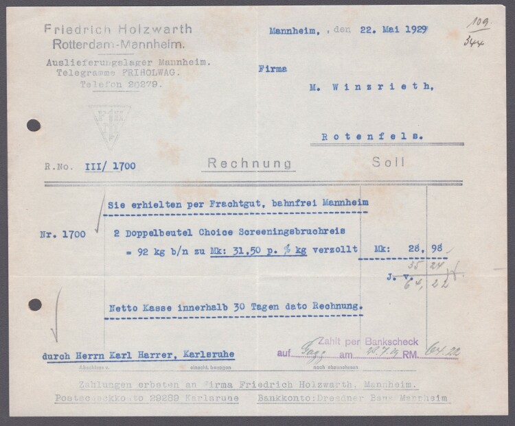 Friedrich Holzwarth - Rechnung - 22.05.1929