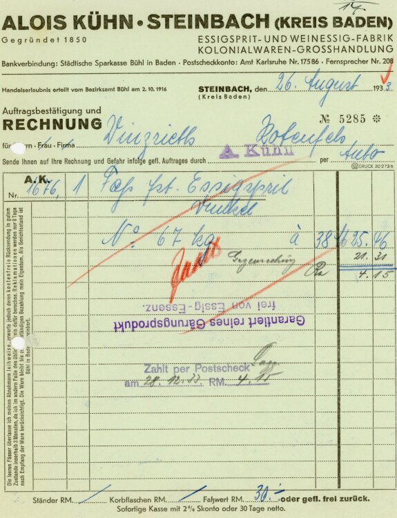 Alois Kühn. Steinbach (Kreis Baden) Essigspirit- und Weinessig-Fabrik Kolonialwaren-Großhandlung.  - Rechnung - 26.08.1933