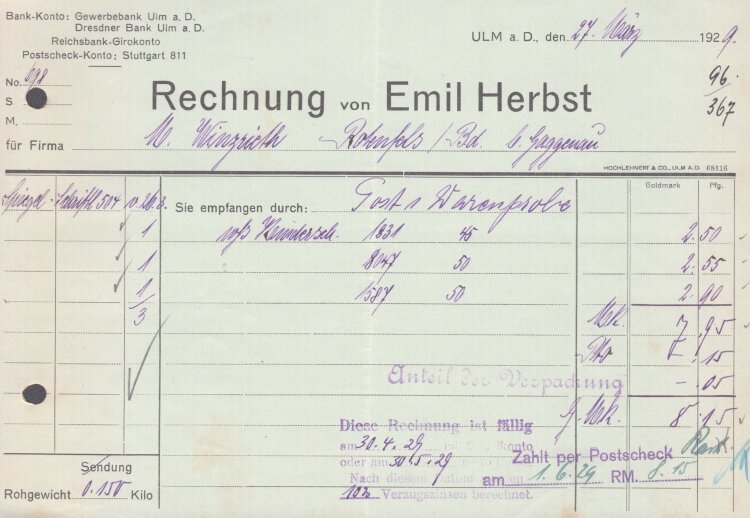 Emil Herbert - Rechnung - 27.03.1929