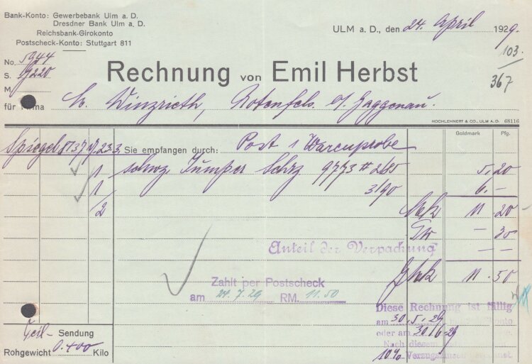Emil Herbert - Rechnung - 24,03.1929