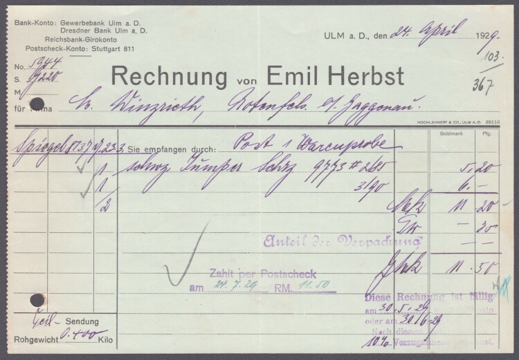 Emil Herbert - Rechnung - 24,03.1929