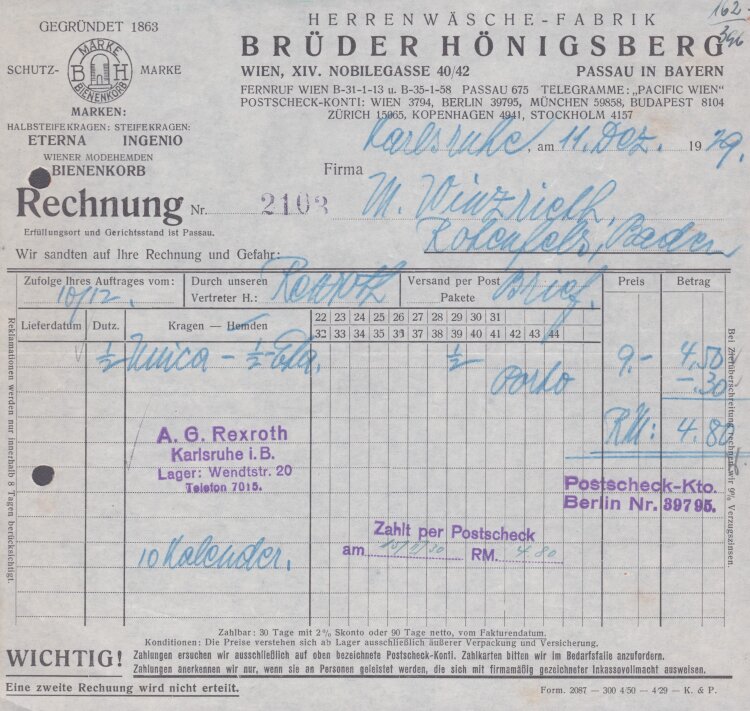 Herrenwäschefabrik Brüder Hönigsberg - Rechnung - 11.12.1929