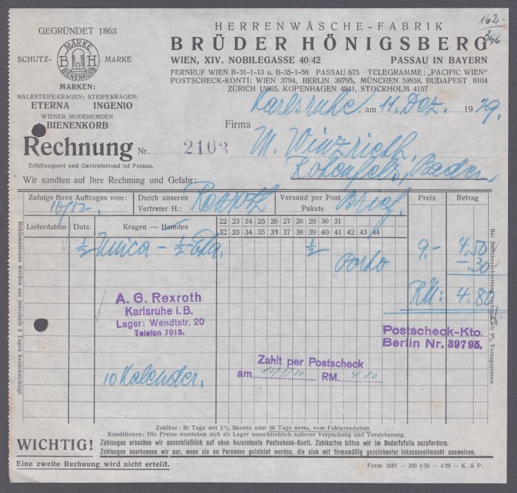 Herrenwäschefabrik Brüder Hönigsberg - Rechnung - 11.12.1929