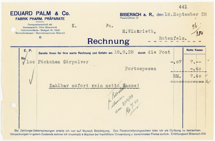 Eduard Palm &Co. Fabrik Pharm. Präparate - Rechnung - 18.09.1928