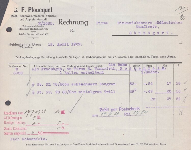 C. F. Ploucquet Mechanische Baumwollweberei - Rechnung - 18,03.1929