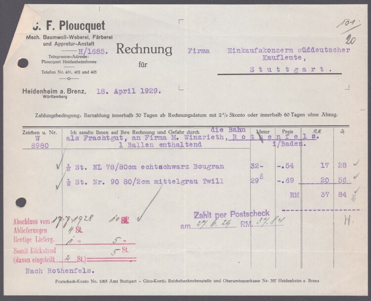 C. F. Ploucquet Mechanische Baumwollweberei - Rechnung - 18,03.1929