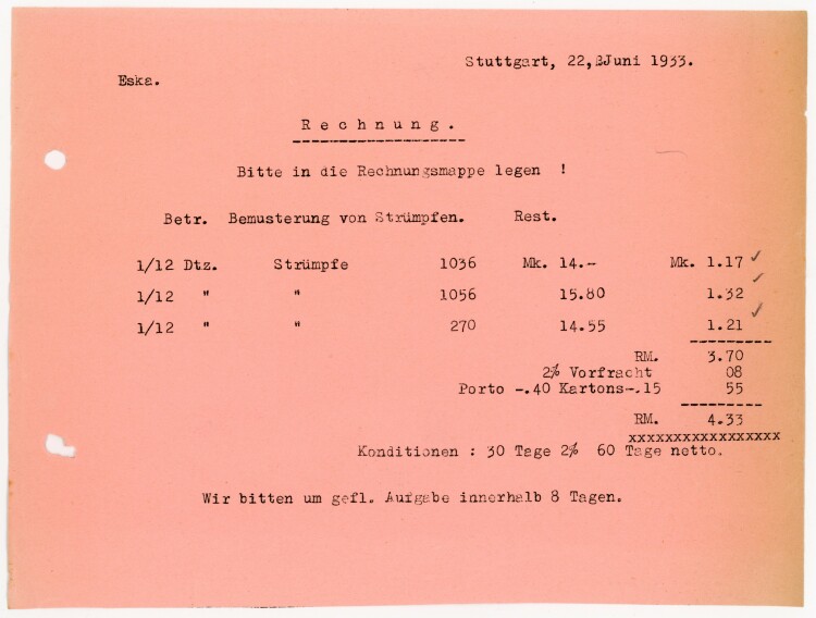 Eska - Rechnung  - 22.06.1933