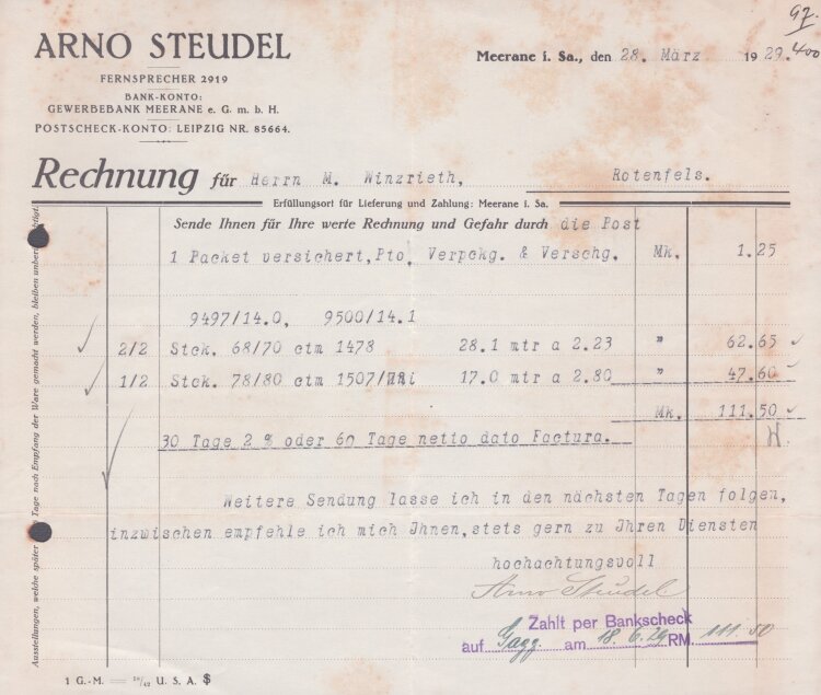 Arno Steudel - Rechnung - 28.03.1929