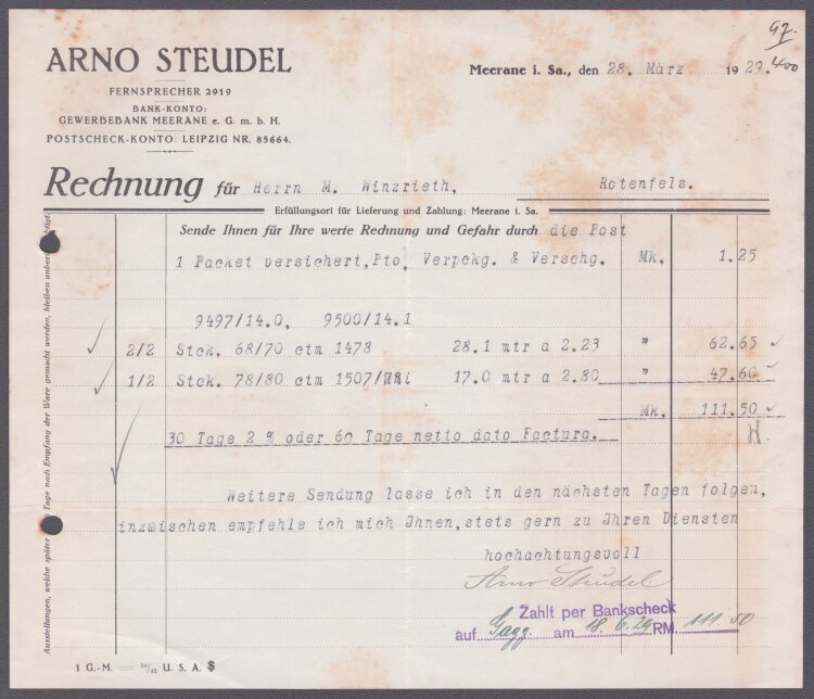 Arno Steudel - Rechnung - 28.03.1929