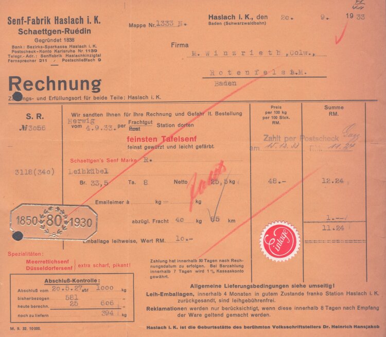 Senf-Fabrik Haslach i. K. Schaettgen-Ruédin -...