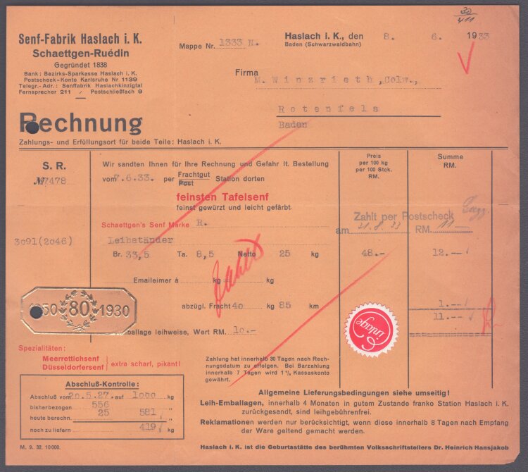 Senf-Fabrik Haslach i. K. Schaettgen-Ruédin - Rechnung - 08.06.1933