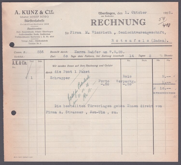 A. Kunz & Cie Bürstenfabrik - Rechnung - 01.10.1928