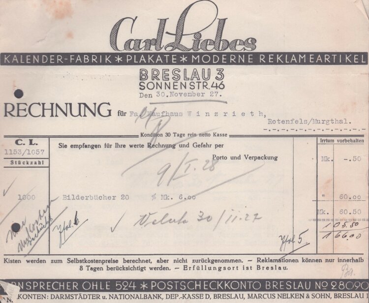 Carl Liebes Kalenderfabrik - Rechnung - 30.11.1927