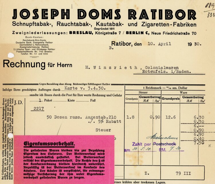 Joseph Doms Ratibor. Schnupftabak-, Rauchtabak-, Kautabak- und Zigaretten-Fabrik - Rechnung  - 10.04.1930