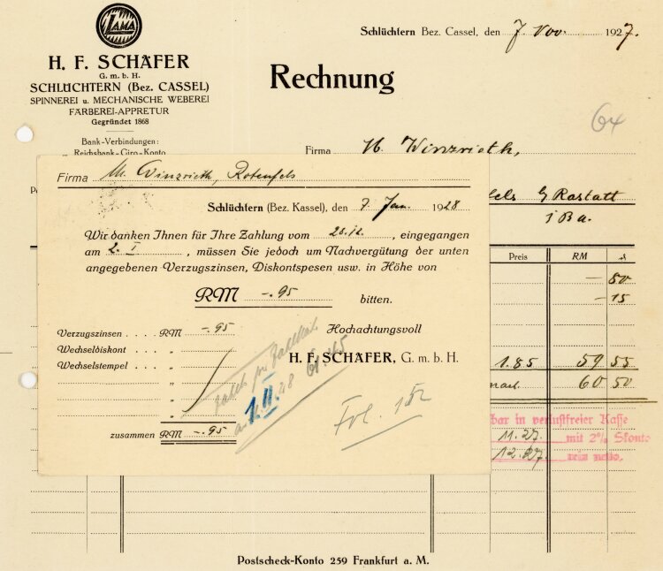 H.F. Schäfer G.m.b.H. Schlüchtern (Bez.Cassel) Spinnerei u. Mechanische Weberei, Fäberei-Appretur - Rechnung  - 07.11.1927
