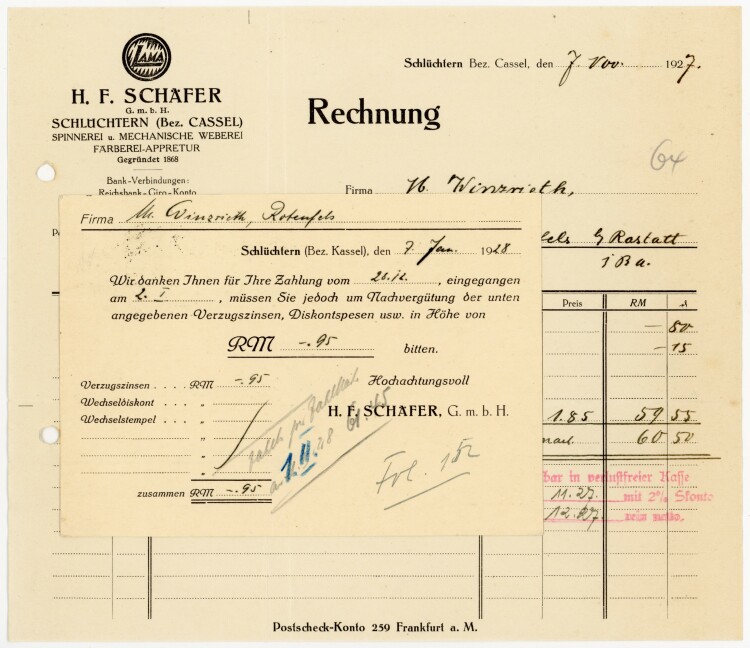 H.F. Schäfer G.m.b.H. Schlüchtern (Bez.Cassel) Spinnerei u. Mechanische Weberei, Fäberei-Appretur - Rechnung  - 07.11.1927