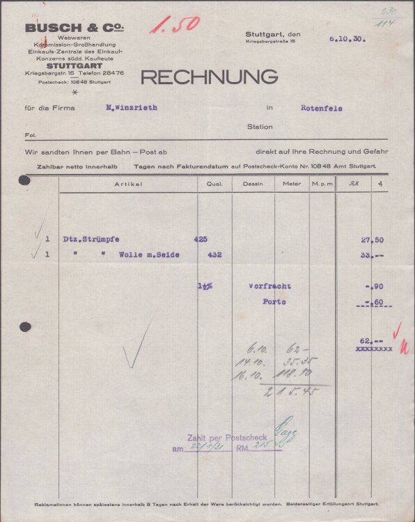 Busch u Co Webwaren - Rechnung - 06.10.1930