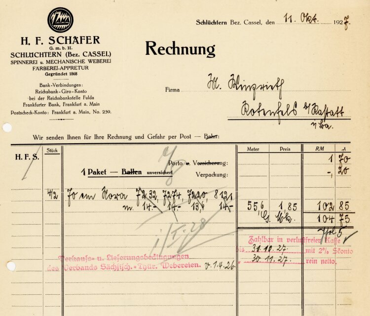 H.F. Schäfer G.m.b.H. Schlüchtern (Bez.Cassel) Spinnerei u. Mechanische Weberei, Fäberei-Appretur  - Rechnung  - 11.10.1927