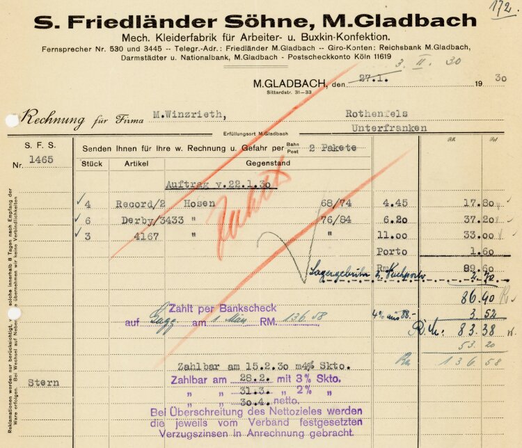 S. Friedländer Söhne, M. Gladbach Mech. Kleiderfabrik für Arbeiter- u. Buxkin-Konfektion - Rechnung  - 03.02.1930