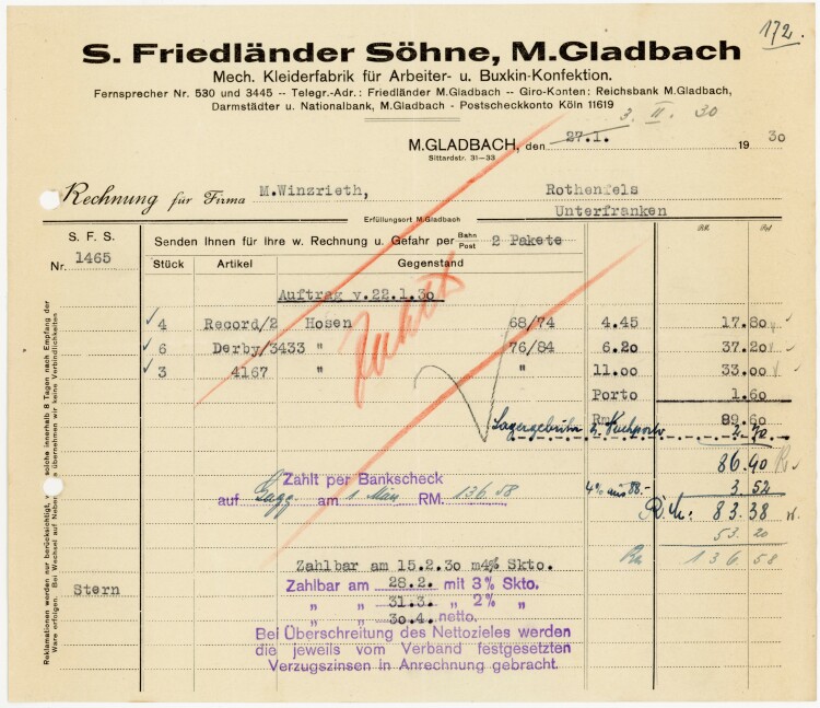 S. Friedländer Söhne, M. Gladbach Mech. Kleiderfabrik für Arbeiter- u. Buxkin-Konfektion - Rechnung  - 03.02.1930