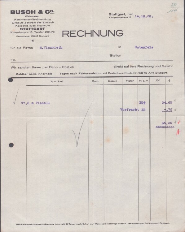 Busch u Co Webwaren - Rechnung - 14.10.1930