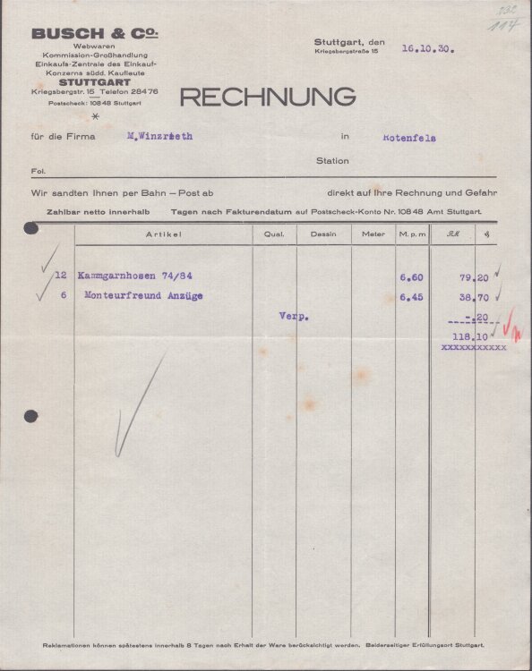 Busch u Co Webwaren - Rechnung - 16.10.1930