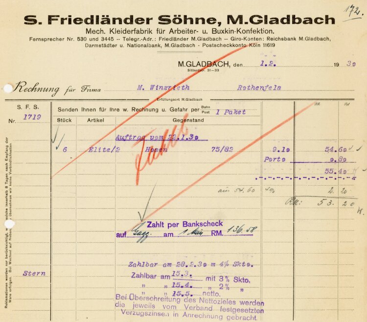S. Friedländer Söhne, M. Gladbach Mech. Kleiderfabrik für Arbeiter- u. Buxkin-Konfektion  - Rechnung  - 01.02.1930