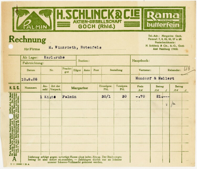 H. Schlinck &Cie Aktien-Gesellschaft Goch (Rhld.) Palmin Rama Margarine - Rechnung  - 10.08.1928