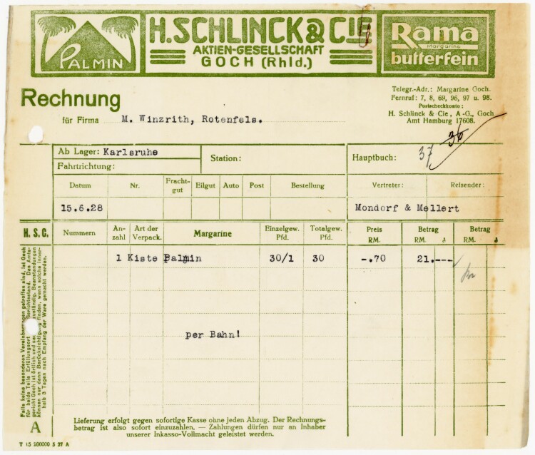 H. Schlinck &Cie Aktien-Gesellschaft Goch (Rhld.) Palmin Rama Margarine  - Rechnung  - 15.06.1928