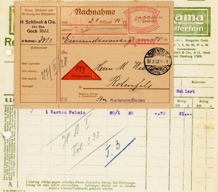 H. Schlinck &Cie Aktien-Gesellschaft Goch (Rhld.) Palmin Rama Margarine  - Rechnung  - 23.01.1928