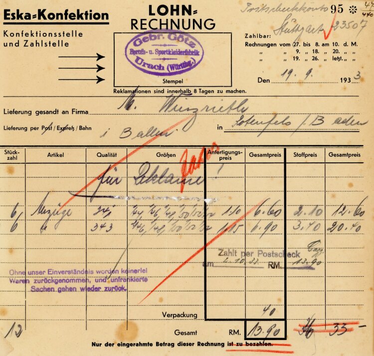 Gebr. Götz Berufs- u. Sportkleiderfabrik Urach (Württbg.) - Rechnung  - 19.09.1933