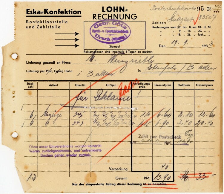 Gebr. Götz Berufs- u. Sportkleiderfabrik Urach (Württbg.) - Rechnung  - 19.09.1933