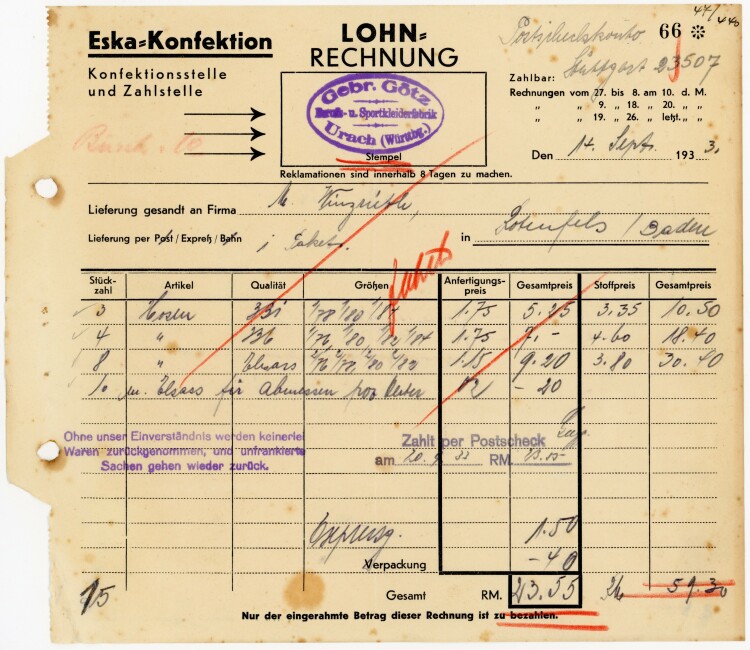 Gebr. Götz Berufs- u. Sportkleiderfabrik Urach (Württbg.)  - Rechnung  - 14.09.1933