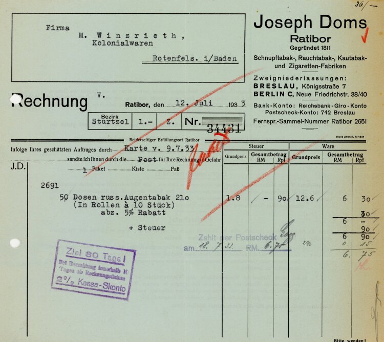 Joseph Doms Ratibor. Schnupftabak-, Rauchtabak-, Kautabak- und Zigaretten-Fabriken - Rechnung  - 12.07.1933