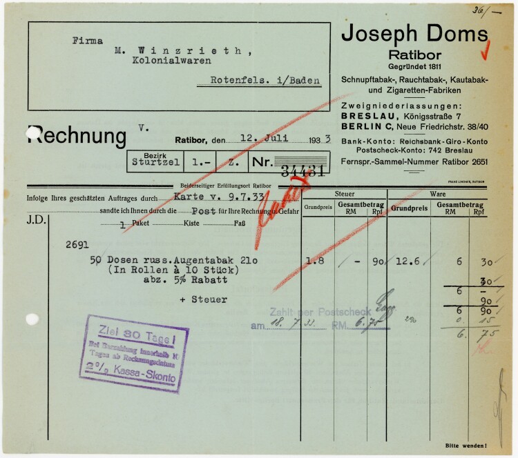 Joseph Doms Ratibor. Schnupftabak-, Rauchtabak-, Kautabak- und Zigaretten-Fabriken - Rechnung  - 12.07.1933