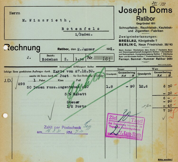 Joseph Doms Ratibor. Schnupftabak-, Rauchtabak-, Kautabak- und Zigaretten-Fabriken  - Rechnung  - 02.01.1931