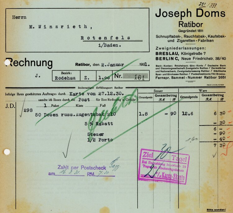 Joseph Doms Ratibor. Schnupftabak-, Rauchtabak-,...