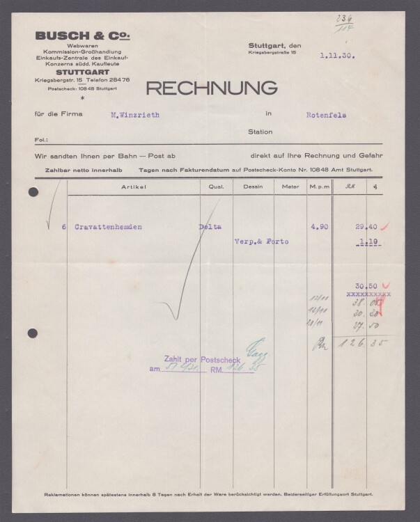 Busch u Co Webwaren - Rechnung - 01.11.1930