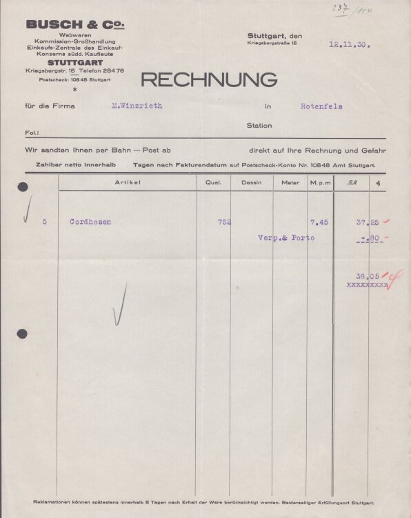Busch u Co Webwaren - Rechnung - 12.11.1930