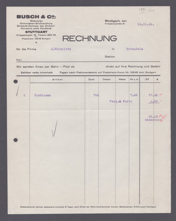 Busch u Co Webwaren - Rechnung - 12.11.1930