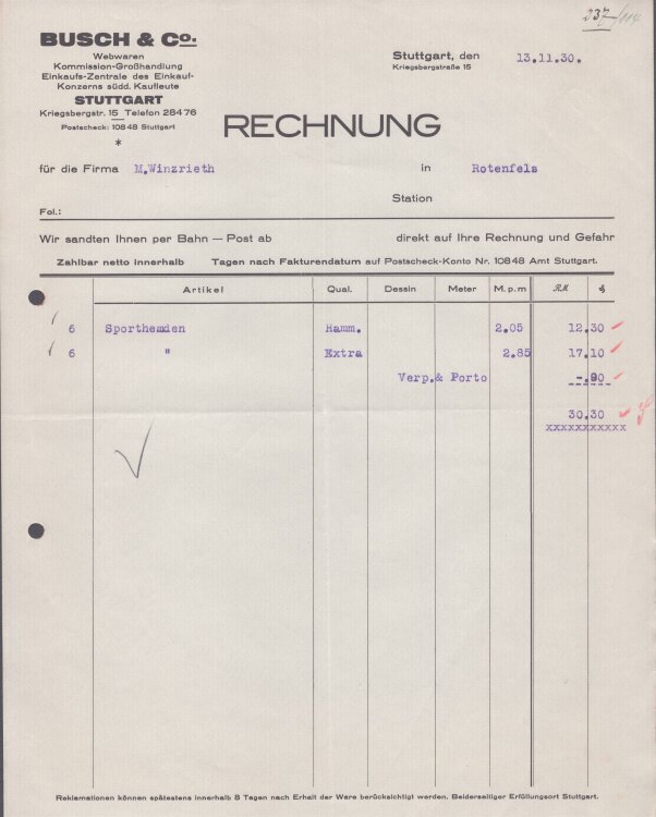 Busch u Co Webwaren - Rechnung - 13.11.1930