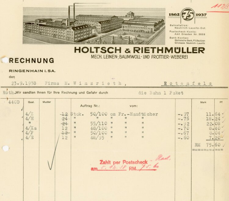 Holtsch&Riethmüller Mech. Leinen-, Baumwoll- und Frottier-Weberei  - Rechnung  - 23.09.1938