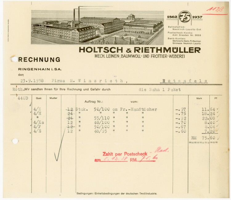 Holtsch&Riethmüller Mech. Leinen-, Baumwoll- und Frottier-Weberei  - Rechnung  - 23.09.1938