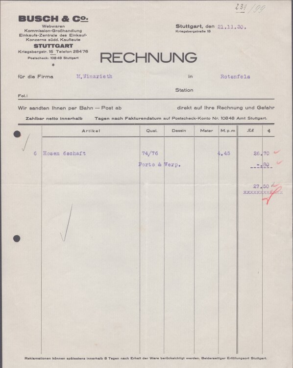 Busch u Co Webwaren - Rechnung - 21.11.1930
