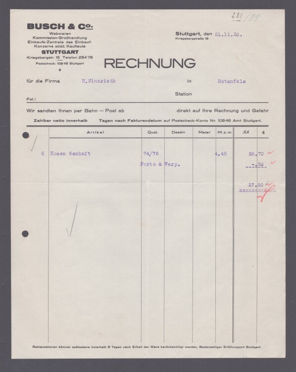 Busch u Co Webwaren - Rechnung - 21.11.1930
