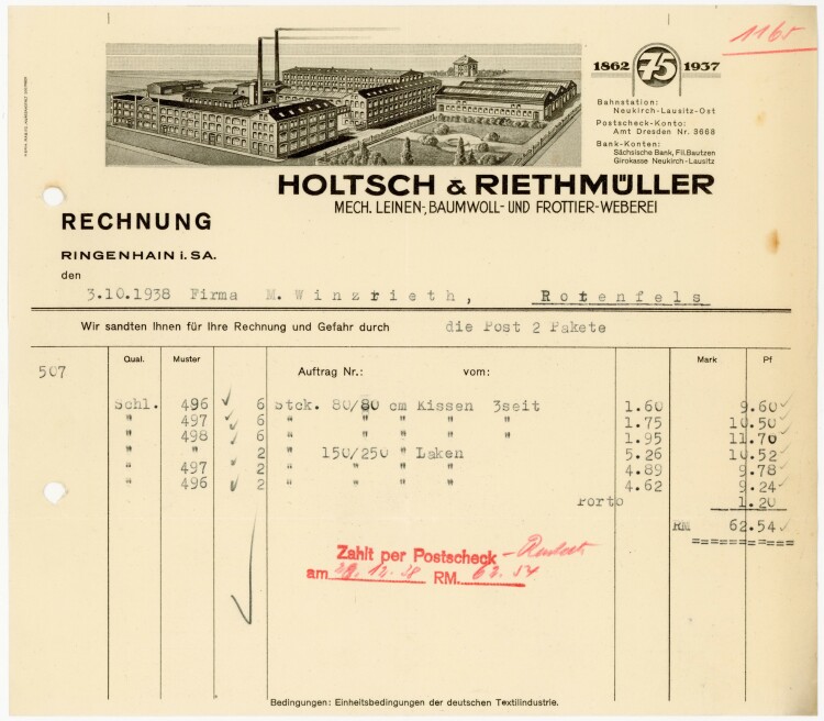 Holtsch&Riethmüller Mech. Leinen-, Baumwoll- und Frottier-Weberei  - Rechnung  - 03.10.1938
