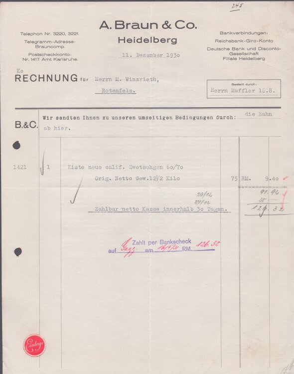 A Braun u Co - Rechnung - 11.12.1930